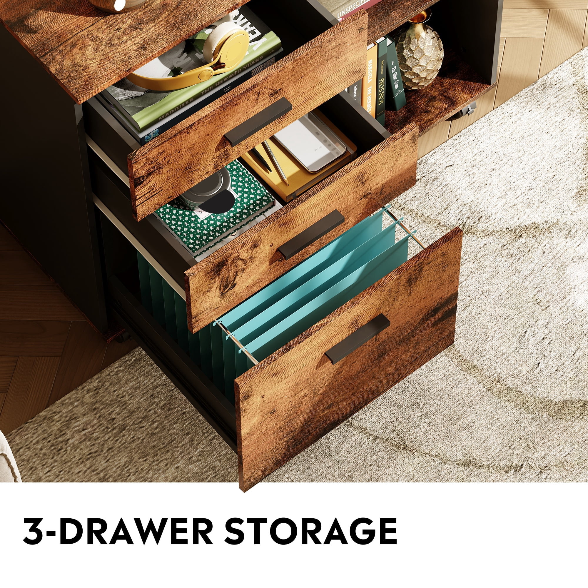 GALAXHERO 3-Drawer Filing Cabinet, Mobile Lateral File Cabinet, Printer Stand with Open Shelves, Wood Office Cabinet, Rustic Brown