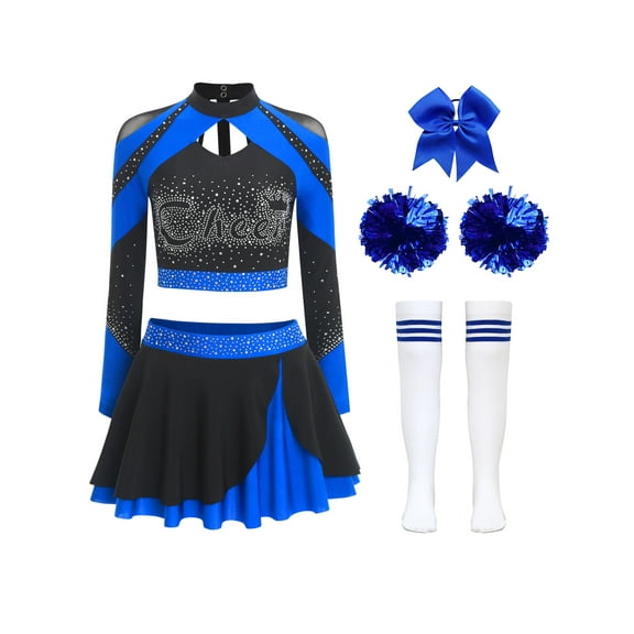 YiZYiF Women's Cheerleading Uniform Set Long Sleeve Dance Crop Top with Rhinestones Skating Skirt Royal  Blue A S