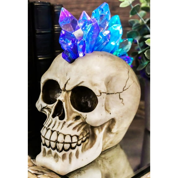 Ebros Colorful LED Light Mohawk Crystal Hair Cranium Skull Figurine 7" Long