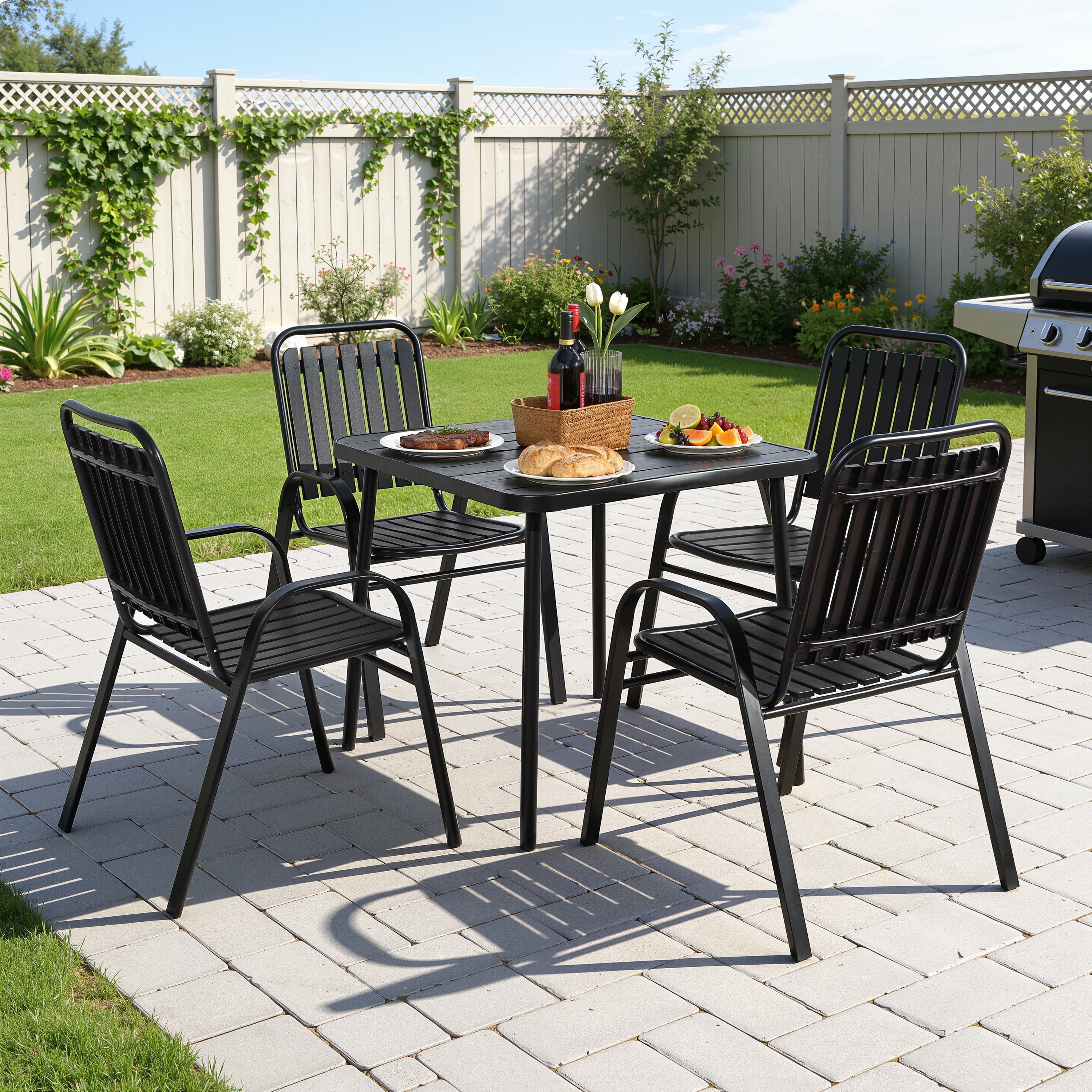 5 Piece Outdoor Dining Set, Patio Furniture Set with 4 Armrest Chairs and Steel Slat Table, All-Weather Conversation Set for Patio, Backyard, Deck, Poolside - Black