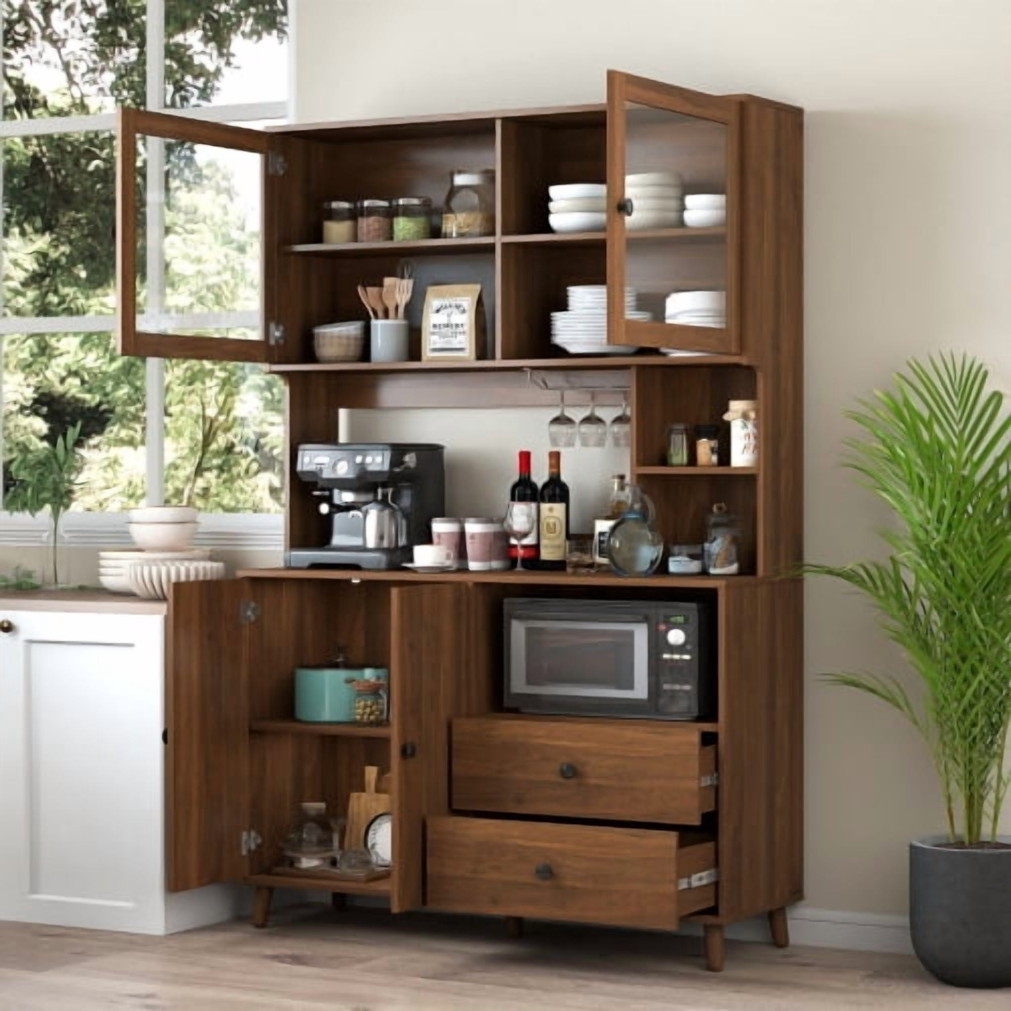 Modern Kitchen Buffet Hutch Cabinet with Glass Doors, Large Pantry Storage Cupboard with Microwave Stand and Drawers, Sideboard for Dining Room, Walnut