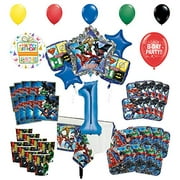 Angle View: Justice League 1st Birthday Party Supplies 8 Guest Entertainment kit and Superhero Balloon Bouquet Decorations