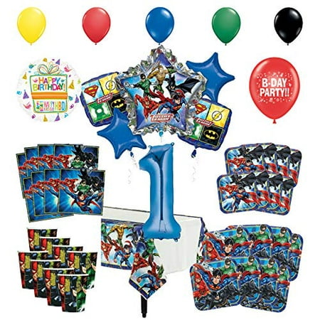 Justice League 1st Birthday Party Supplies 8 Guest Entertainment kit and Superhero Balloon Bouquet Decorations