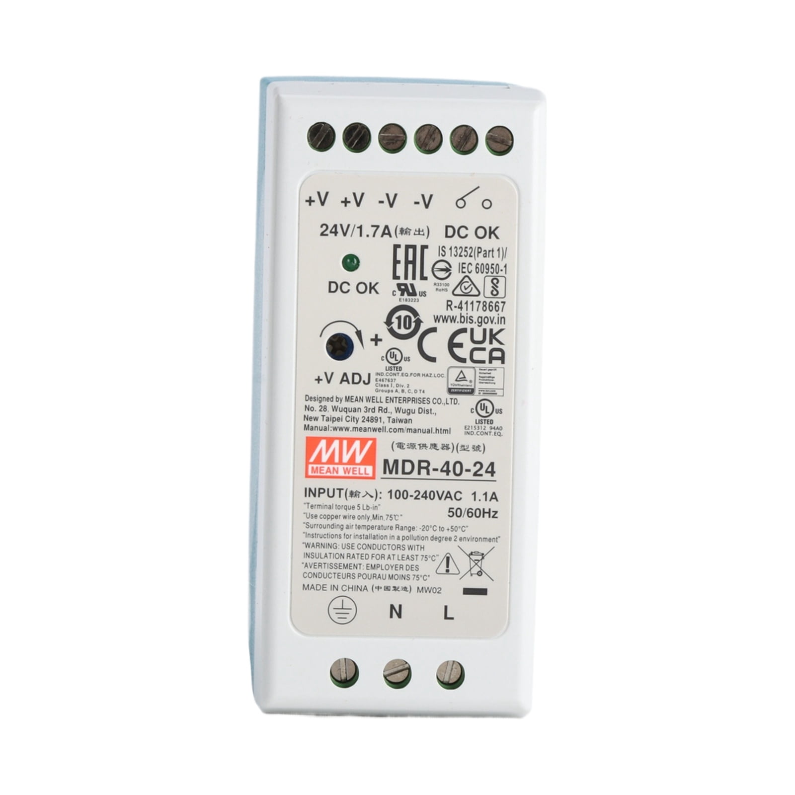 Feedannce 24V 1.7A 40.8W DIN Rail Power Supply, Industrial Automation, MEAN WELL MDR-40-24