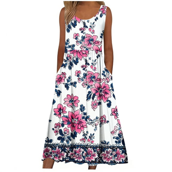 Gamivast Dresses for Women Casual Loose Fit Scoop Neck Floral Dress Sleeveless with Pockets Tank Dresses A-Line Pleated Flowy Comfy Vacation Outfit