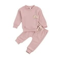 thumbnail image 1 of Kids Baby Solid Color Clothes Set, Baby Rainbow Embroidery Long Sleeve O-neck Tops + Drawstring Waist Long Pants, 1 of 8