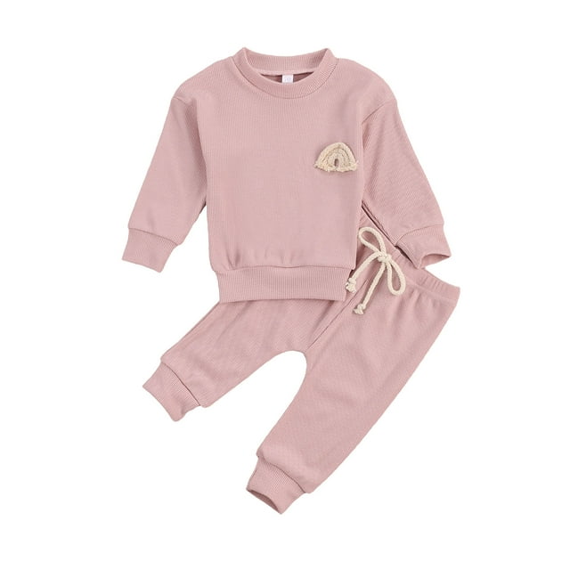Kids Baby Solid Color Clothes Set, Baby Rainbow Embroidery Long Sleeve O-neck Tops + Drawstring Waist Long Pants