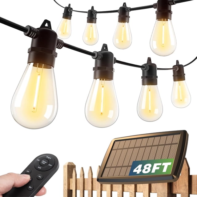 48 FT Solar String Lights Outdoor Waterproof with Remote&USB Port Solar Patio Lights Long Last for 20+Hrs, 3 Light Modes, Dimmable Solar Lights for Outside Backyard Party