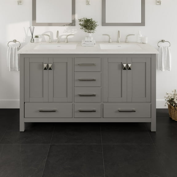 Eviva Aberdeen 60" Transitional Gray Bathroom Vanity with White Carrara Quartz Countertop and Double Undermount Sinks
