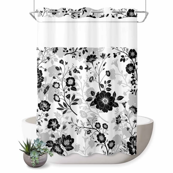 No Hook Shower Curtain with Built-in Rings - Vintage Black Floral Washable Waterproof Fabric Bathroom Curtains for Hotel,Rentals, 60 X 72 Inch Long , Abstract Flower Blooms