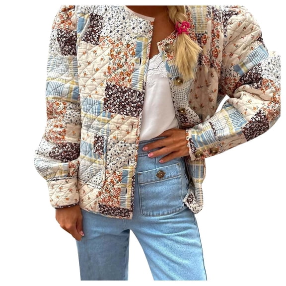 Siilsaa Women Open Front Puffer Jacket Vinatge Floral Print Crop Quilted Cardigan Y2k Patchwork Padded Coat Streetwear Yellow,L