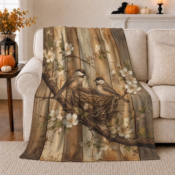 Nesting Birds Branch Rustic Wood, Peaceful Bird Art Scene, Warm Flannel Blanket for Ranch House and Living Room, Bird Lovers Housewarming Gift, Artistic Home Decor