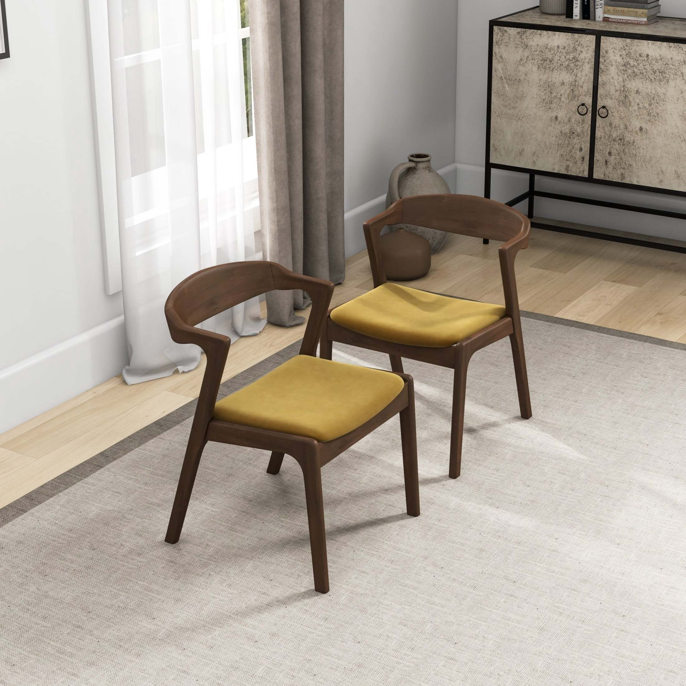 Noble House Nora Dakota Velvet Upholstered Dining Chair Set with Wood Frame, Set of 2, Dark Yellow and Dark Brown