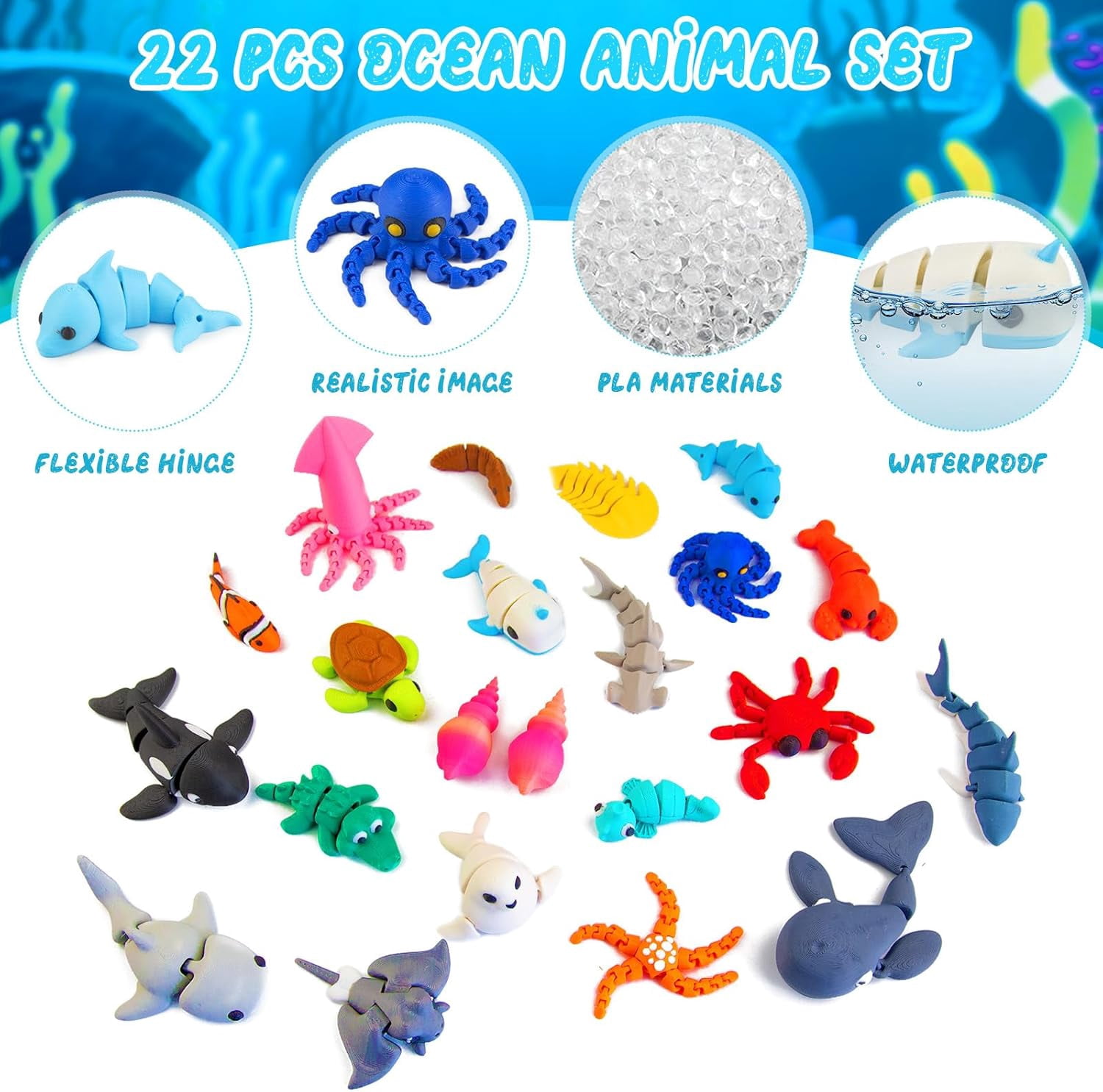 Natonhi 22pcs 3D Printed Sea Animals Toys, 3D Printed Ocean Animals Articulating Flexible Fidget Toys, Cute Animal Figurines Toys for Easter Birthday Party Favors Office Desktop Home Decoration