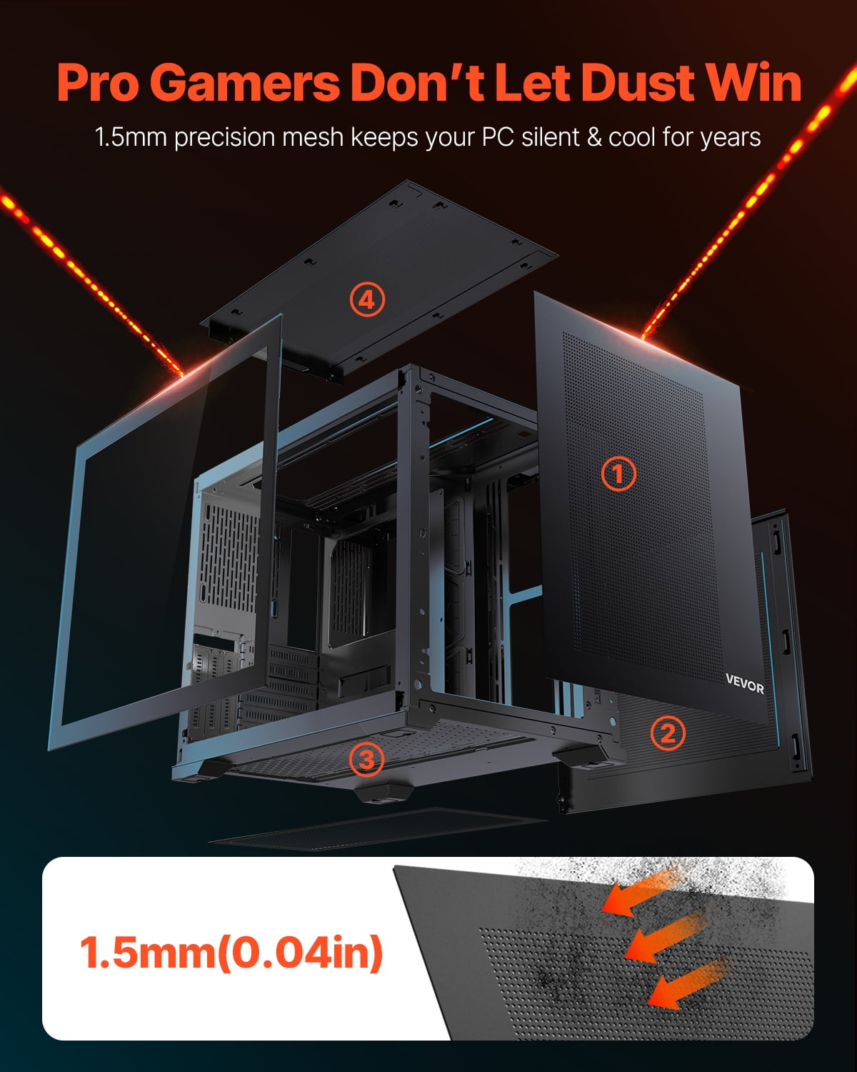 VEVOR Mid-Tower PC Case, Dual Chamber, Gaming Computer Case with Tempered Glass Panels, Magnetic Dust Filter, Cable Management, for GPU up to 410&nbsp;mm in Length, Compatible with ATX/M-ATX/ITX