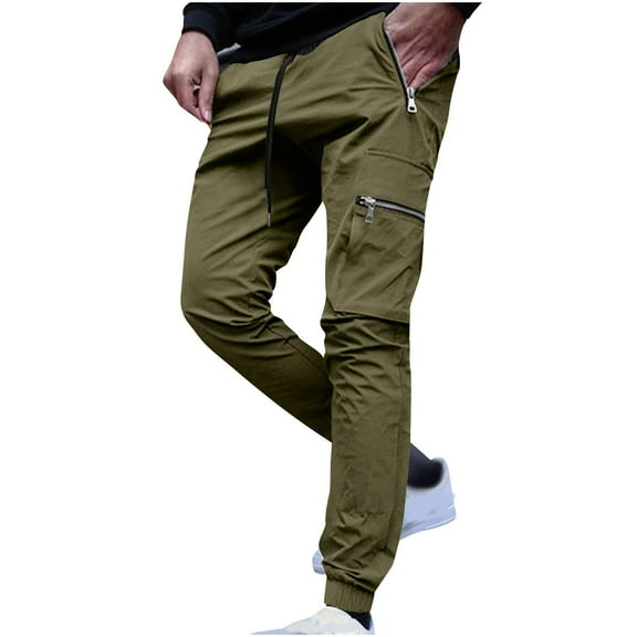 Wyobmus Men's Casual Cargo Pants Relaxed Fit Elastic Cortch Pants Loose Drawstring Bound Feet Zipper Pocket Hippie Pants Olive Green