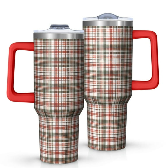 Red and Green Christmas Plaid Pattern Tumbler with Handle and Lid,40oz Double Wall Vacuum Insulated Tumbler,Cups Gift for Women and Men