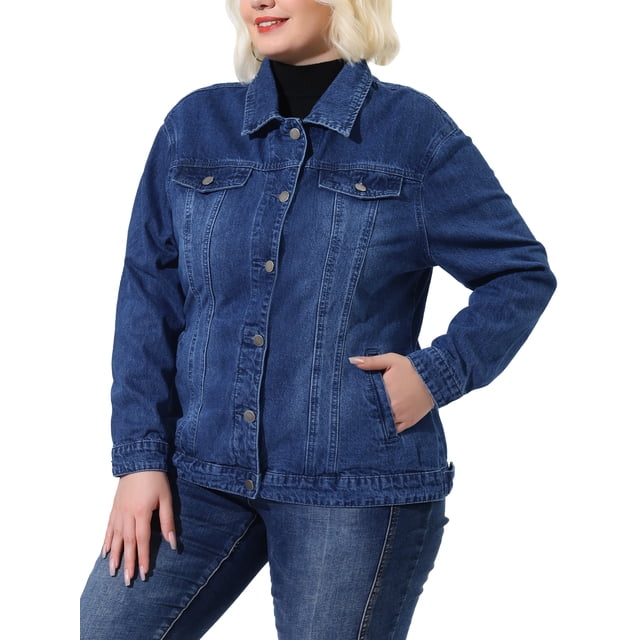 Unique Bargains Juniors Plus Size Long Sleeve Button Down Jean Denim Jacket with Pockets