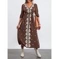 thumbnail image 4 of Caoirhny Women's Summer Embroidered Dress 3/4 Sleeve V-Neck Tie Tunic Waist Long Dress for Beach, Party, 4 of 9