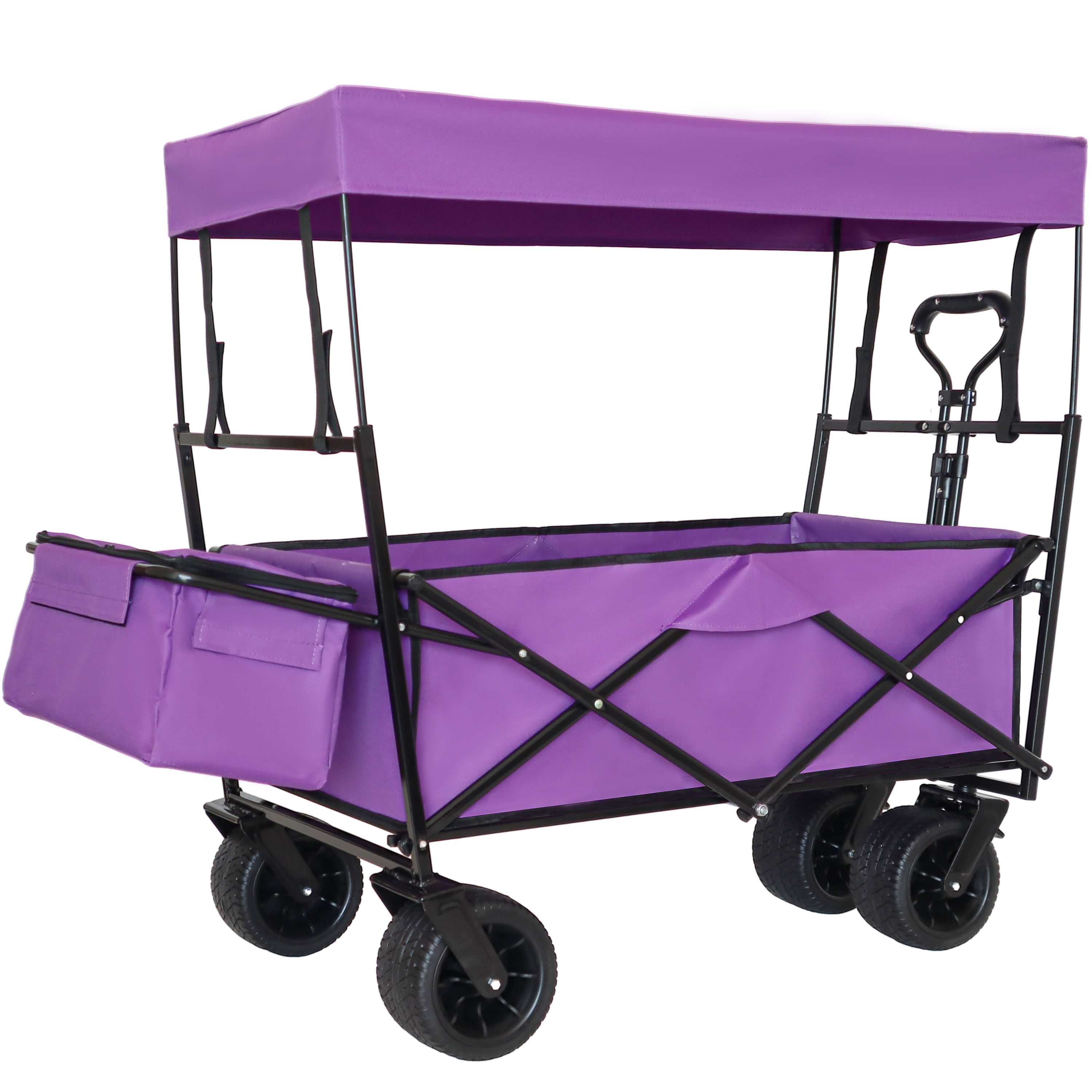 480Lbs Capacity Foldable Wagon with Canopy, 7" All-Terrain Wheels Collapsible Utility Cart for Camping, Shopping & Outdoor Use, Purple