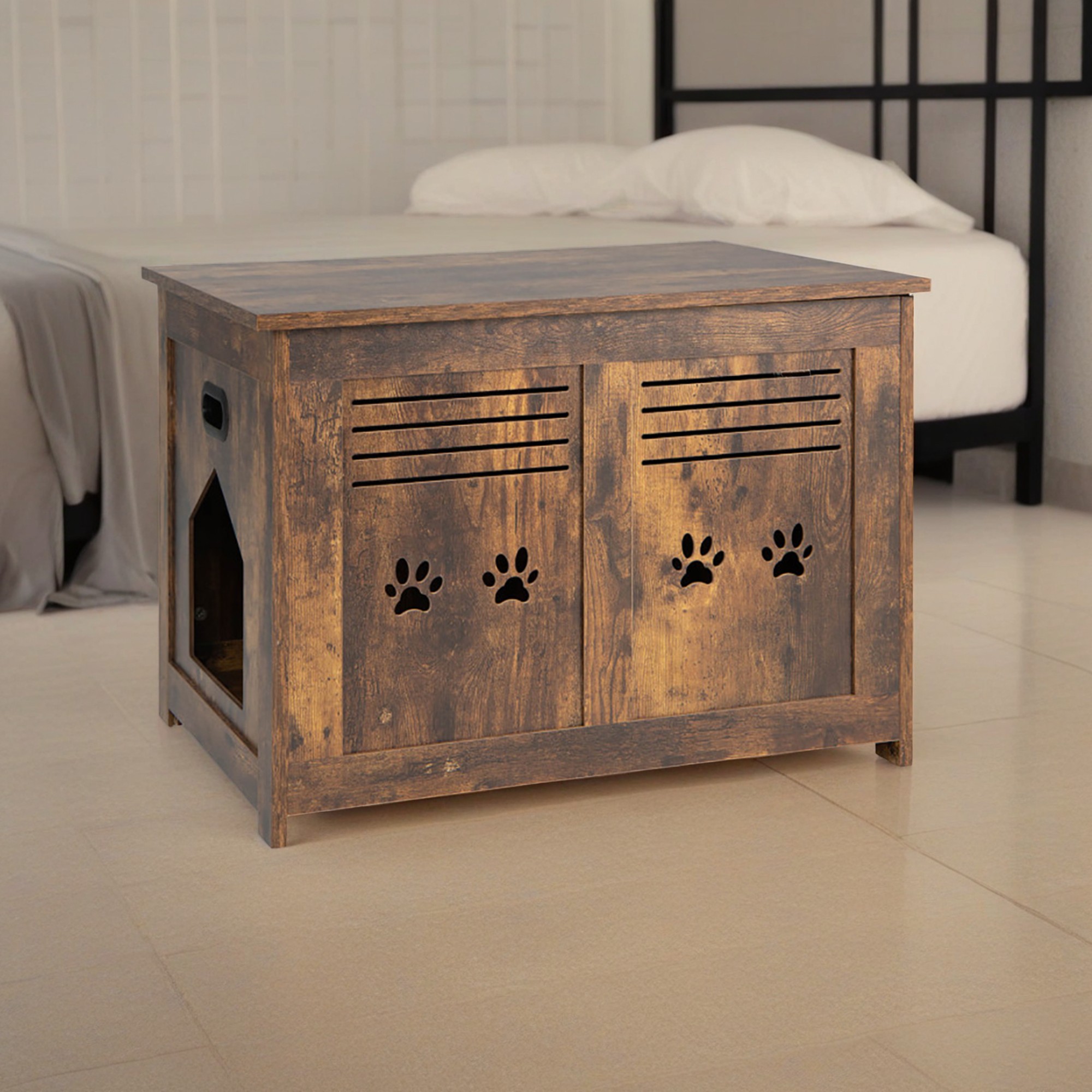 resenkos 27" Flip-Top Hidden Cat House Washroom Furniture, Wood Cat Litter Box Enclosure Cabinet with Side Entrance, Brown