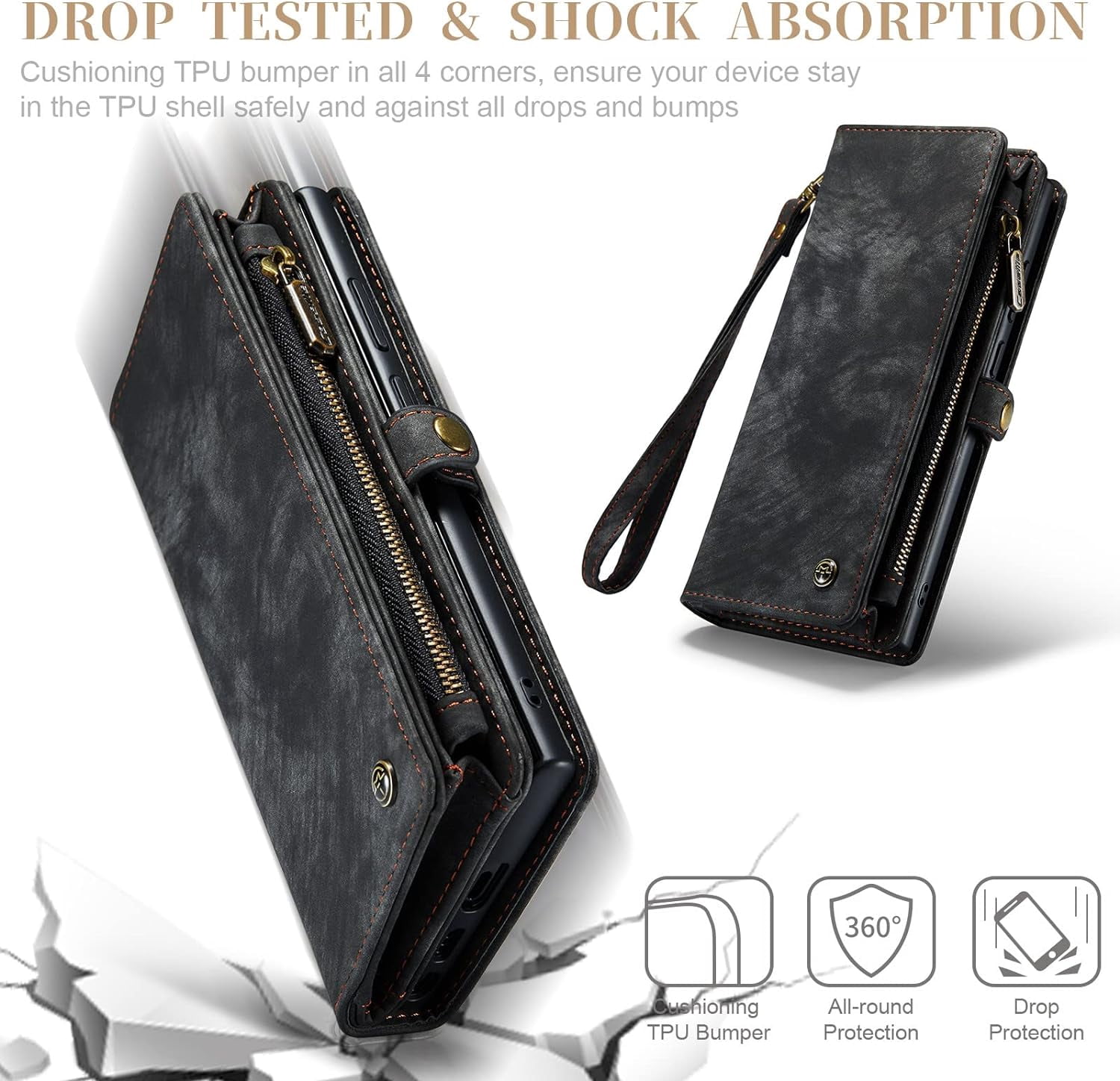 2 in 1 Detachable for Samsung Galaxy S23 Ultra Wallet Case with Card Holder, Retro Premium Flip Leather Cover  Zipper Pocket Phone Cases 6.8'' (Black,S23 Ultra)