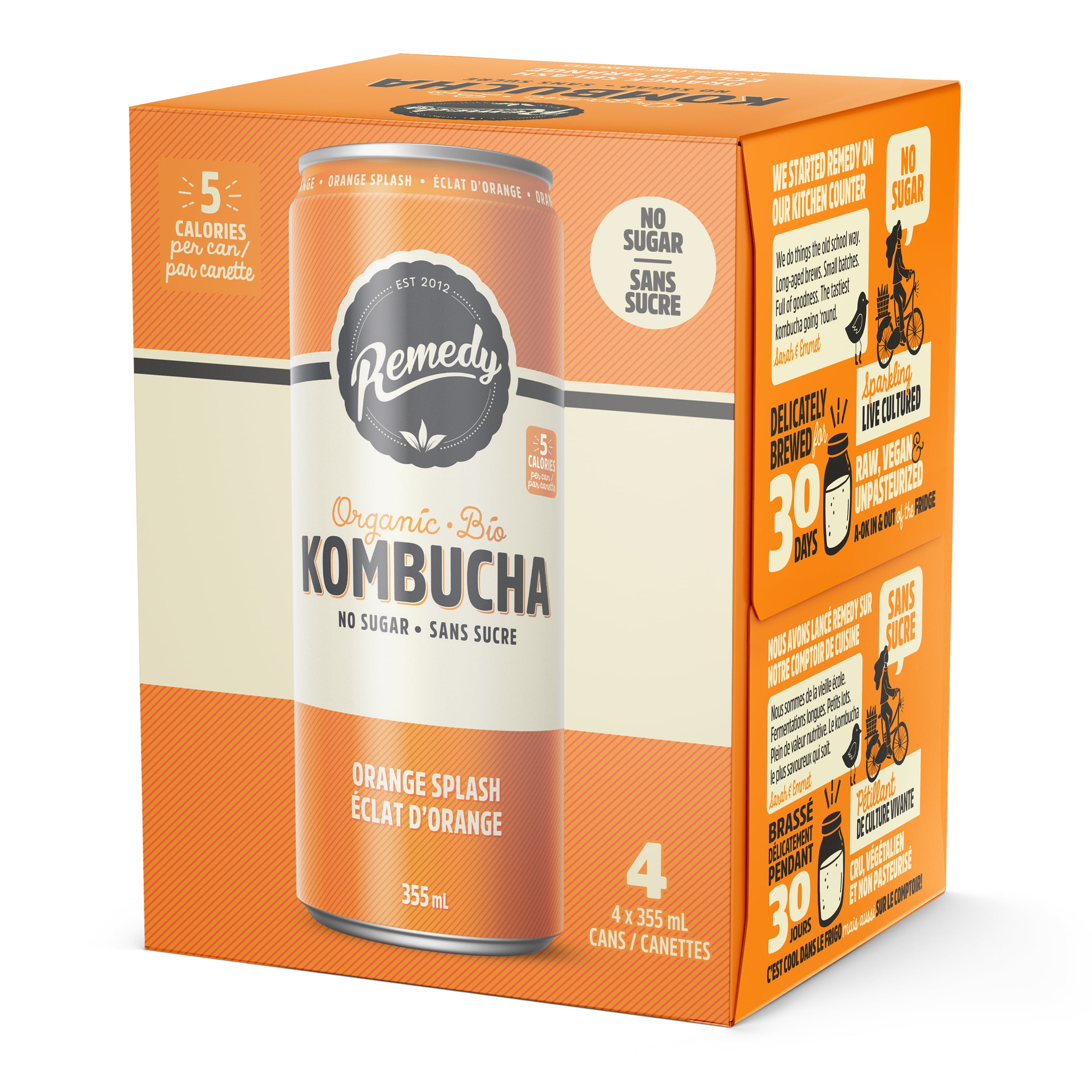 Organic, No Sugar, Raw and Unpasteurized, Naturally Caffeinated Remedy Kombucha Orange Splash 4PK, 4x355 ML