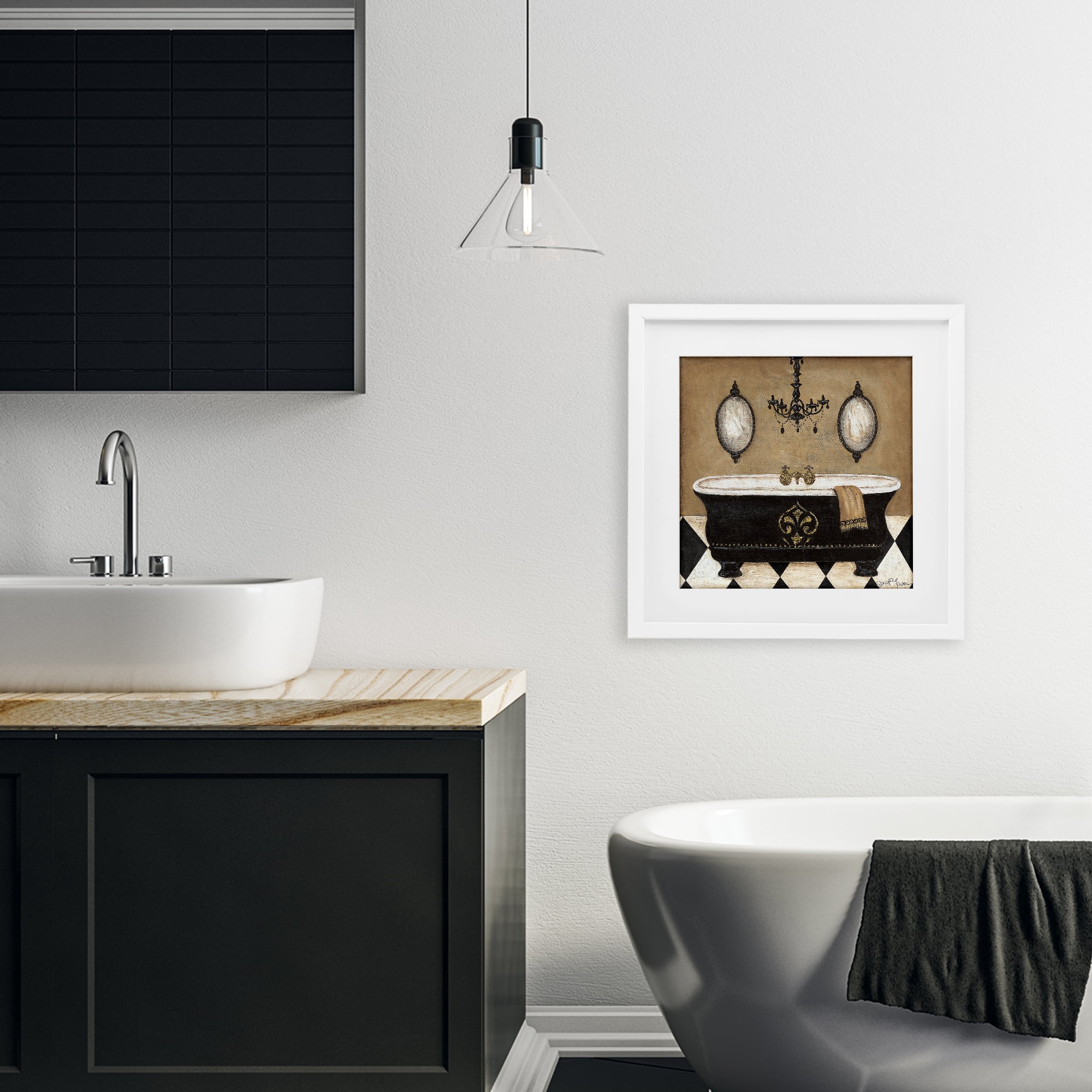 Stupell Industries Elegant Bathtub & Chandelier White Framed Print Under Glass, design by Janet Tava