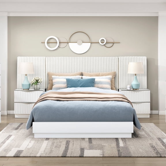 Luxurious Pearl White Finish 5pc King Wall Bed Set Soft Upholstery Headboard Panel Glam Bedroom Furniture