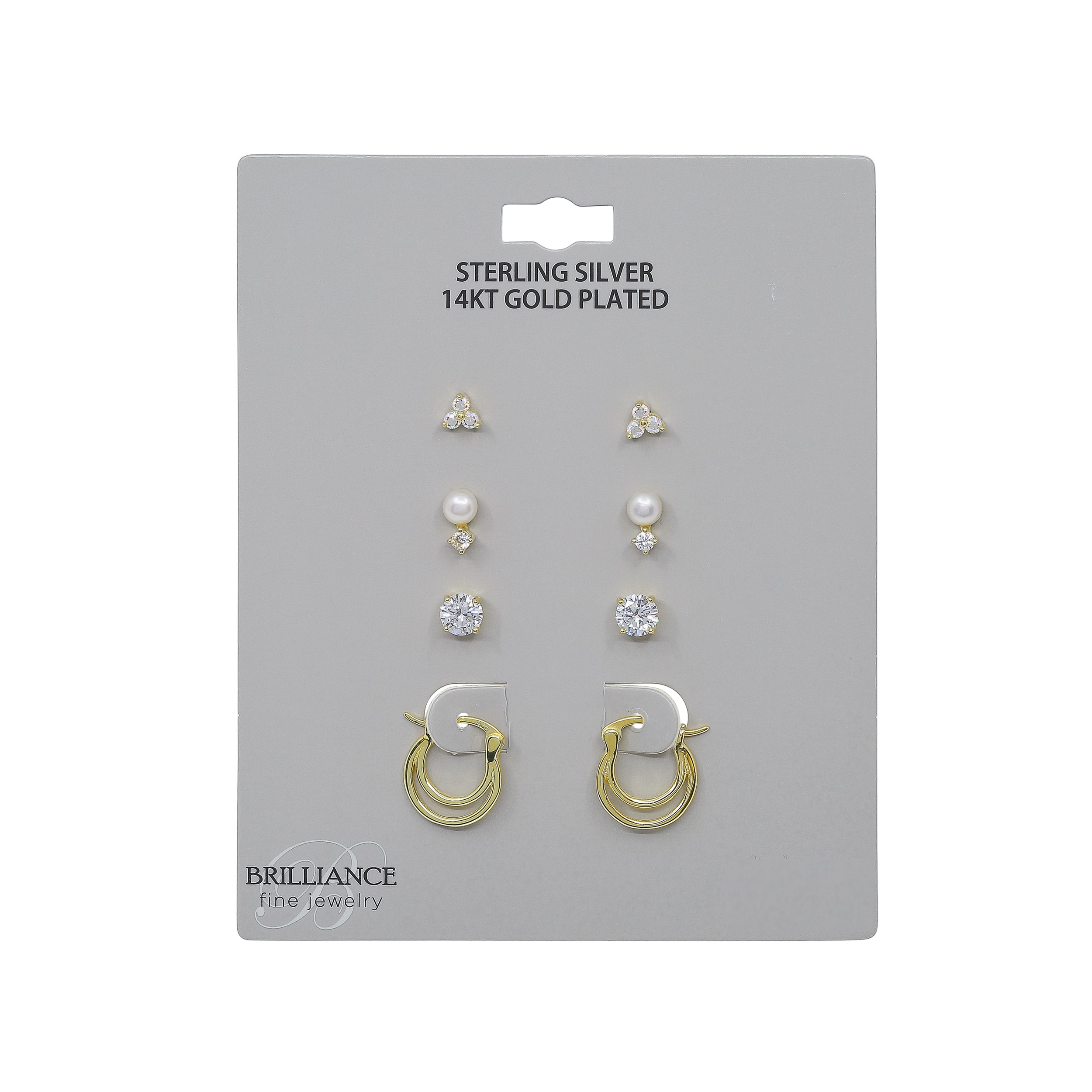 Brilliance Fine Jewelry Women's Simulated Diamond Earring Set with Double Row Clicktop Hoop in 14KT Gold Plated Sterling Silver