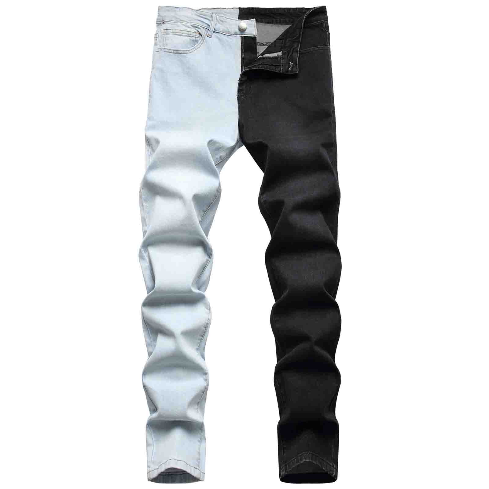 jsaierl Men's Slim Straight Patchwork Jeans Street Hip Hop Stretch Moto ...