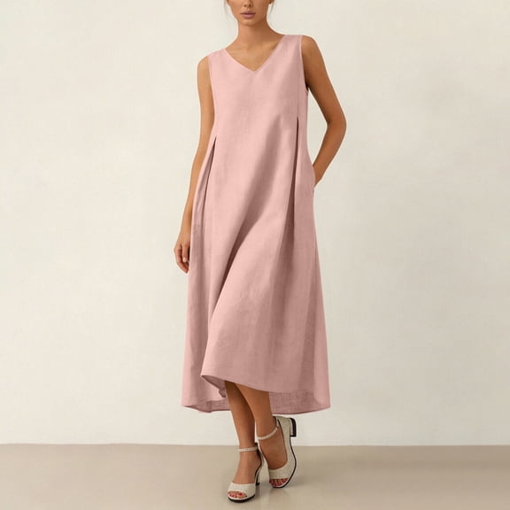 Guieoi Summer Dresses for Women Plus Size for Beach Vacation Sleeveless V-Neck Pleated Pocket Midi Dress Pink S