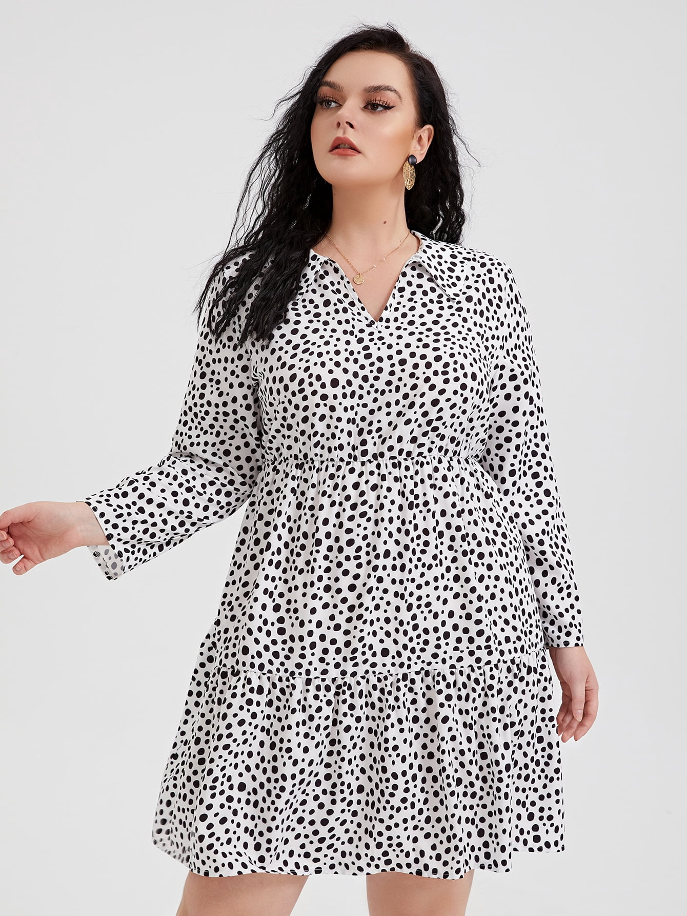 Dalmatian Print Notched Neck Ruffle Hem 