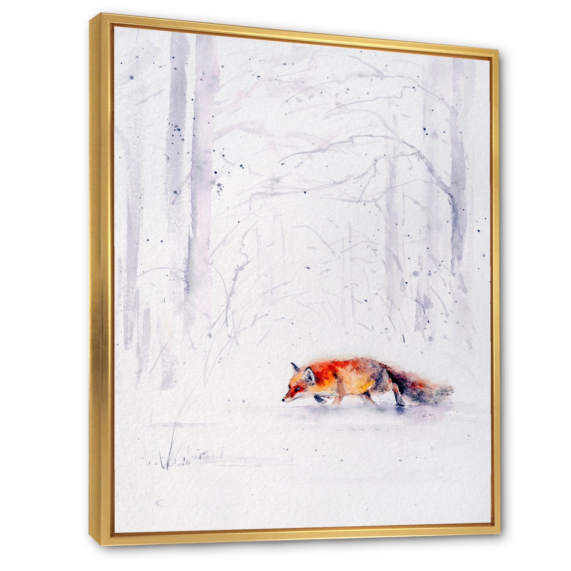 Designart 'Red Fox Running In White Snow in Countryside II' Farmhouse Framed Canvas Wall Art Print