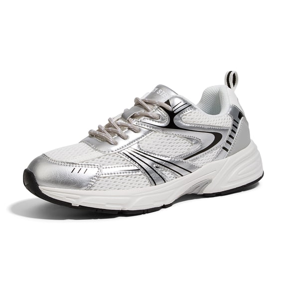 LUCKY STEP Lace Up Mesh Lightweight Fashion Sneakers Casual Shoes,White&Silver,Womens