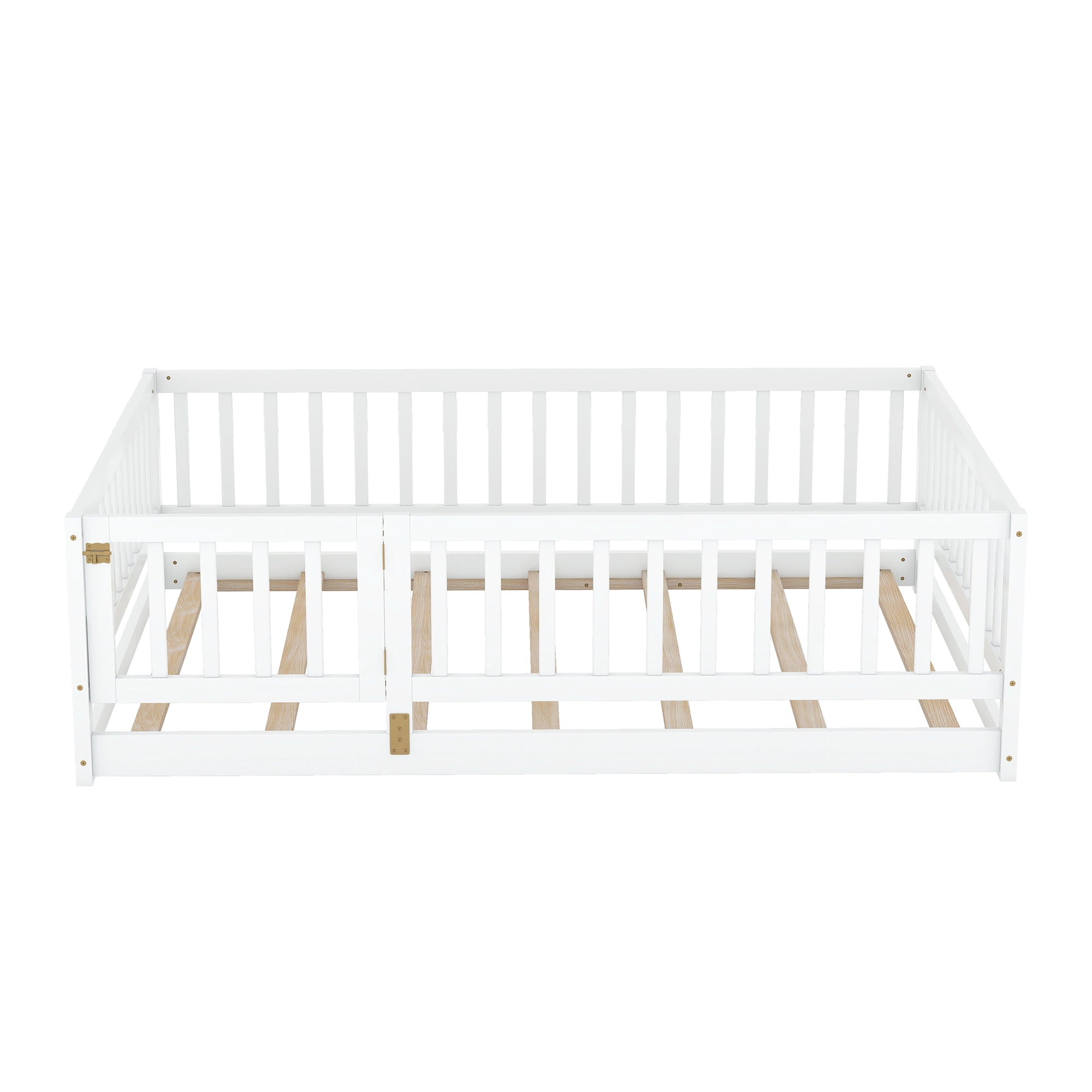 Full Size Montessori Floor Bed with Fence and Door, Solid Wood Kids Bed and Toddler Playhouse Bed with Slats, White