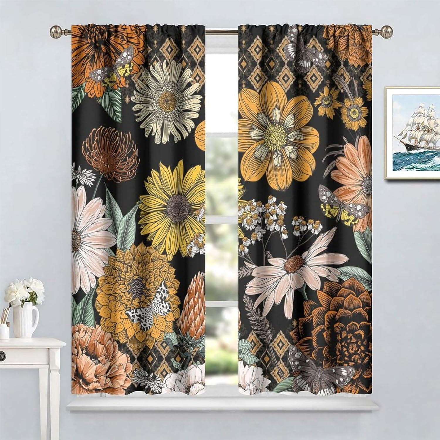 Boho Flower Curtains for Living Room, Vintage Paisley Floral Window Treament for Bedroom, Retro Bohemian Floral Print Blackout Drapes 2 Panel Sets,55x63 Inch
