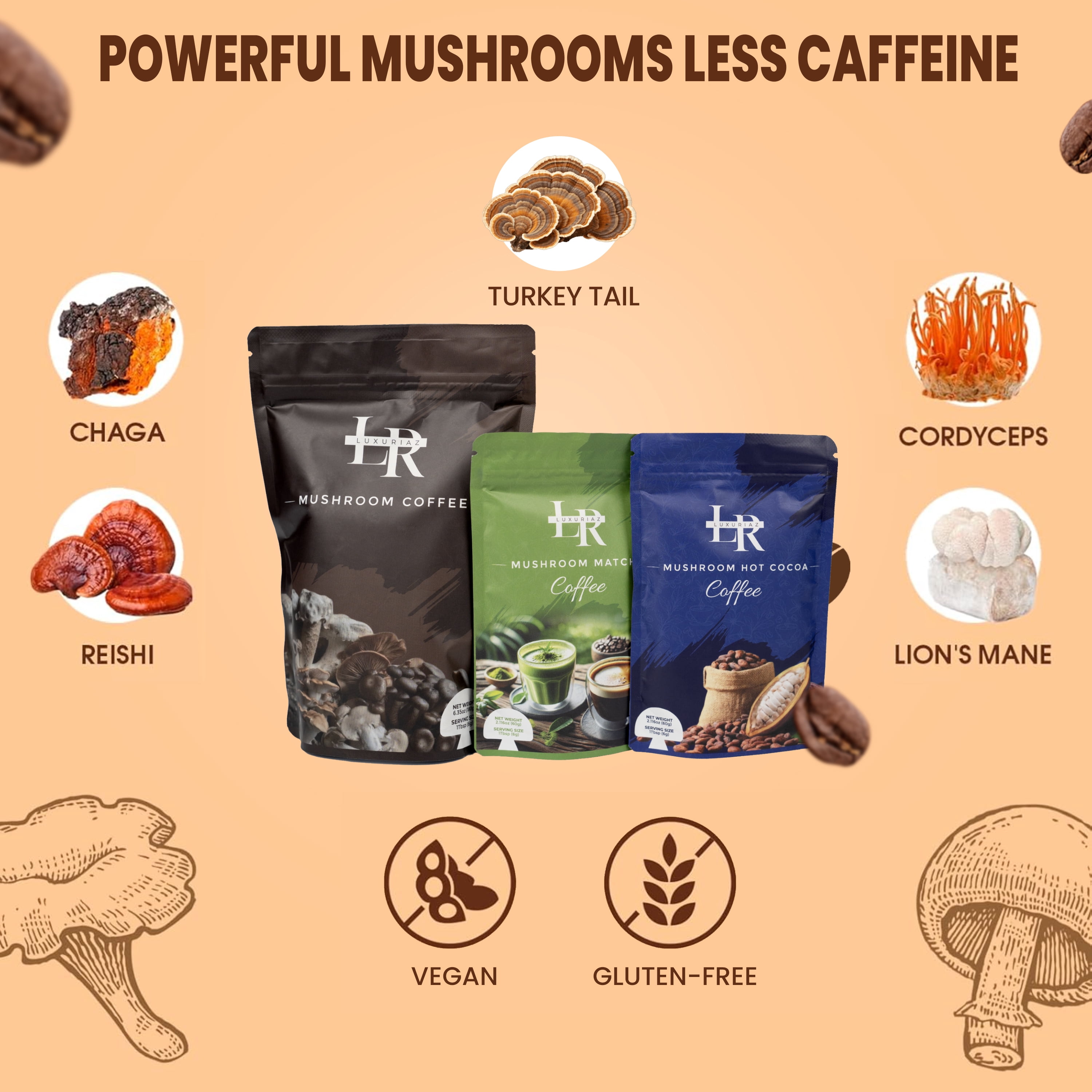 Luxuriaz 3-in-1 Organic Functional Mushroom Instant Coffee Kit with Matcha and Cocoa Blend, 240g