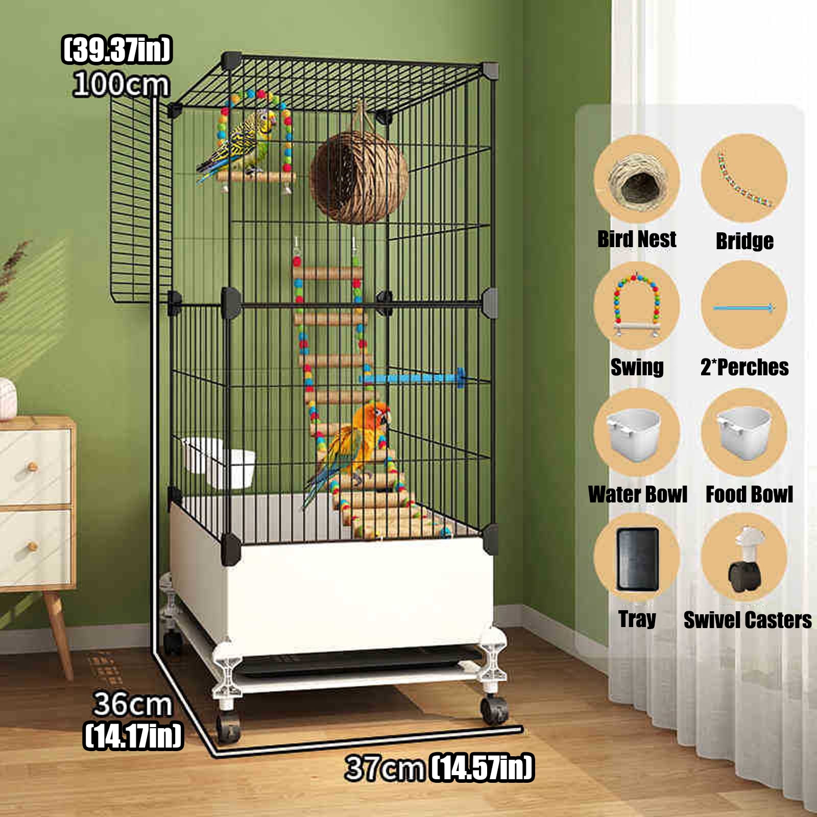 Petyoung 40" Bird Cage, 1.5cm (0.59") Safe Wire Spacing, Rolling Design with Full Bird Accessories for Budgie, Lovebird, Canaries, Parrotlets