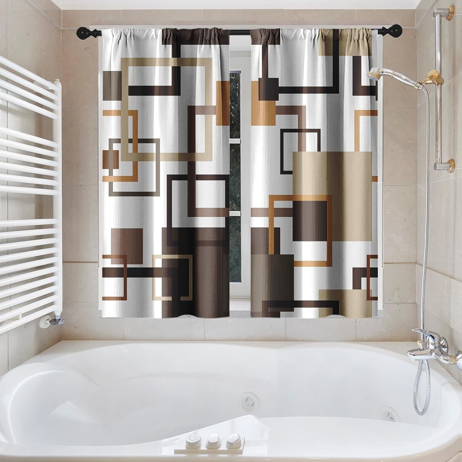 Vintage Brown Shower Curtain Set with Window Curtain, Royal Abstract Line Modern Bathroom Window Curtain with Waterproof Shower Curtain Set for Bathroom Decor