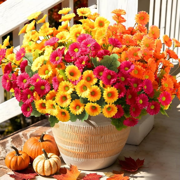 Yastouay 6 Bundles Fake Mums for Outdoors, UV Resistant Fall Flowers for Planter, Mix Yellow Artificial Flowers for Garden Yard Porch Fall Decor