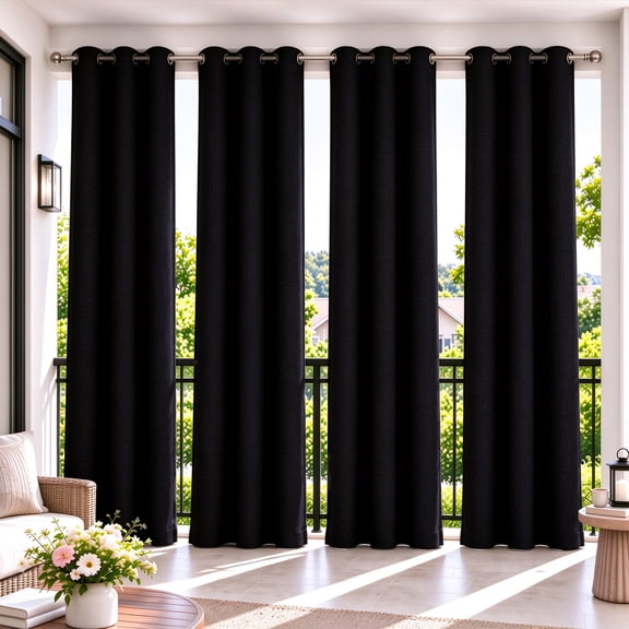 LANTINGSHENG Linen Texture Curtains Thermal Grommet Top 100% Blackout Curtains for Living Room,Black,38" W x 84" L,4 Panels
