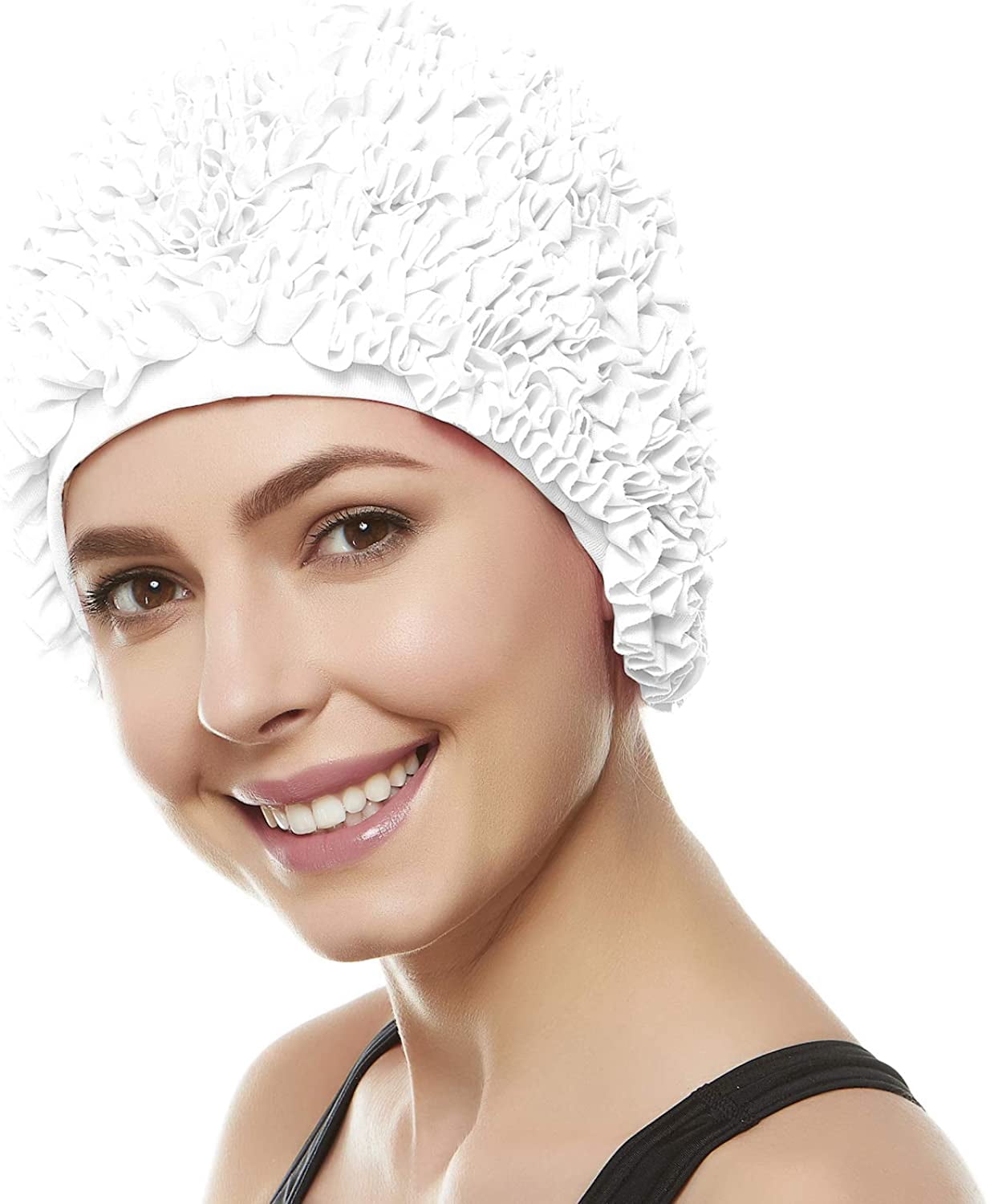 Beemo Women’s Swim Bathing Cap Turban–Polyester Latex Lined Ruffled Shower Cap, White