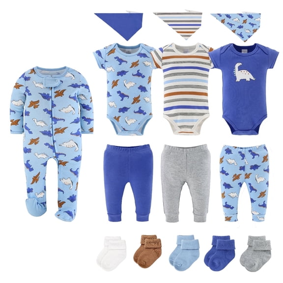 The Peanutshell Blue Dino Baby Boy Clothes Set, Sleepers, Bodysuits, Bibs and Socks, 6-9 Months, 15-Pc