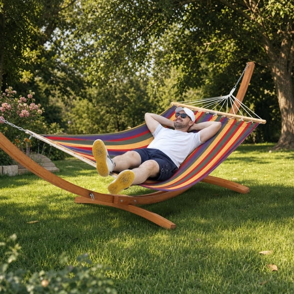 Curved Wood Hammock Stand with Striped Hammock,475LBS Fit 9-13ft Hammocks for backyard patio relaxation