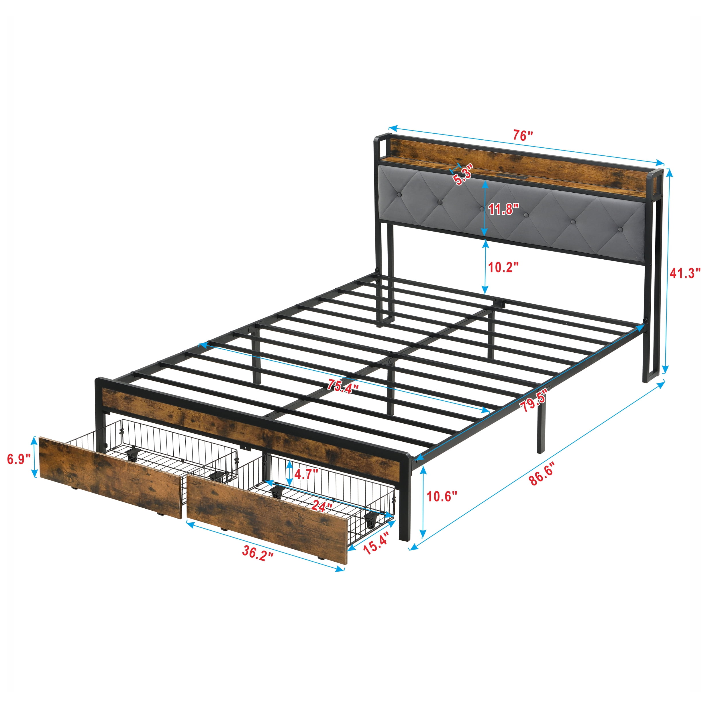 Mintazer King Size Platform Bed Frame with LED Lights Upholstered Headboard, USB Charging and 2 Storage Drawers, No Box Spring Needed, Gray