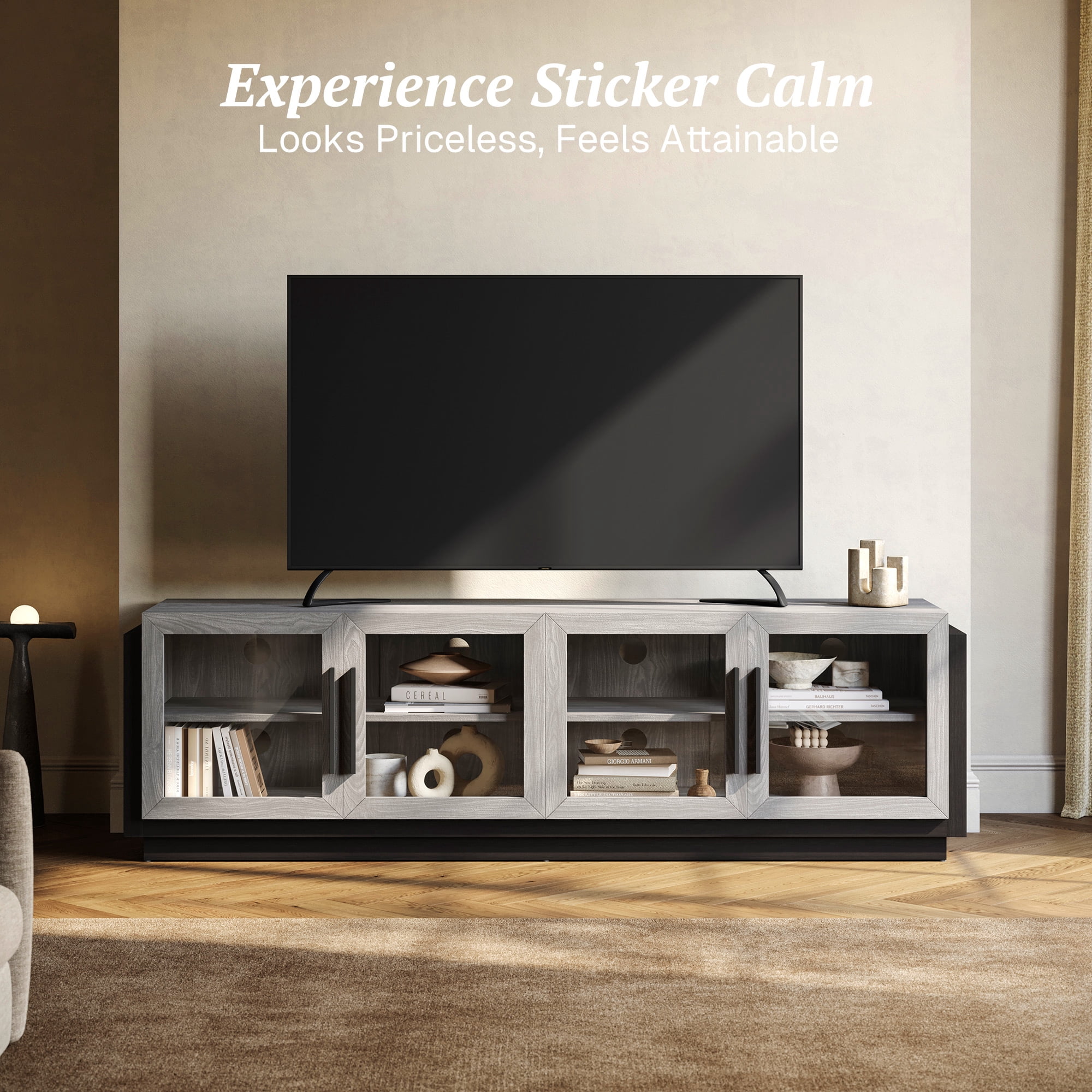 BELLEZE 70" TV Stand for TVs up to 75", Modern TV Stand & Entertainment Center with Shelves, Wood Storage Cabinet for Living Room or Bedroom - Brixston (Grey)