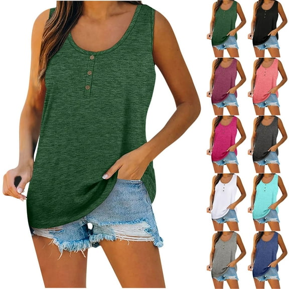 HAPIMO Women's Trendy Loose Cotton Lined Tank Tops Button for Teen Girls Solid Color Summer Tees Sleeveless Round Neck Shirts Casual Relaxed Workout Blouses Black L