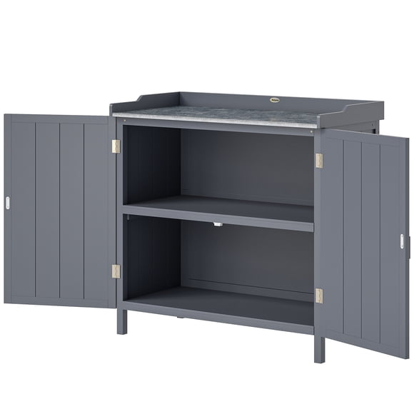 CoSoTower Garden Storage Cabinet, Outdoor Potting Bench Table with Galvanized Top and Shelf, Tool Shed with Double Doors, Grey