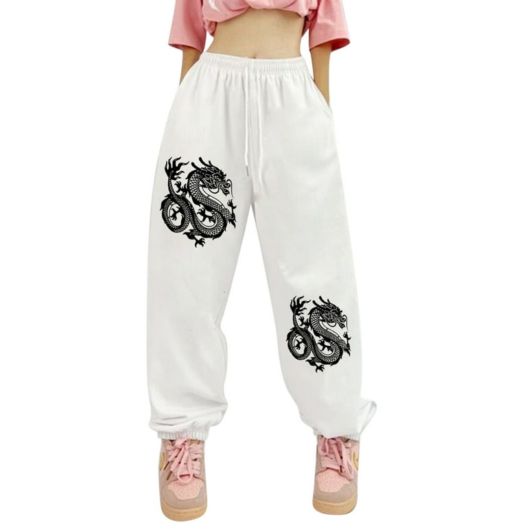 xinqinghao baggy sweatpants for women women loose fit elastic drawstring joggers  pants workout casual dragon print baggy trousers running yoga gym harem sweatpants  womens lounge pants white xxl 